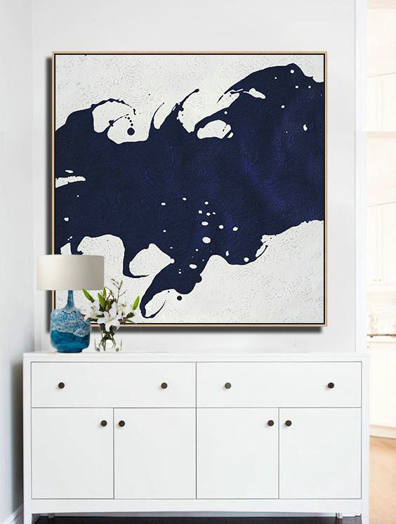 Original Abstract Painting Extra Large Canvas Art,Minimalist Navy Blue And White Painting,Custom Canvas Wall Art